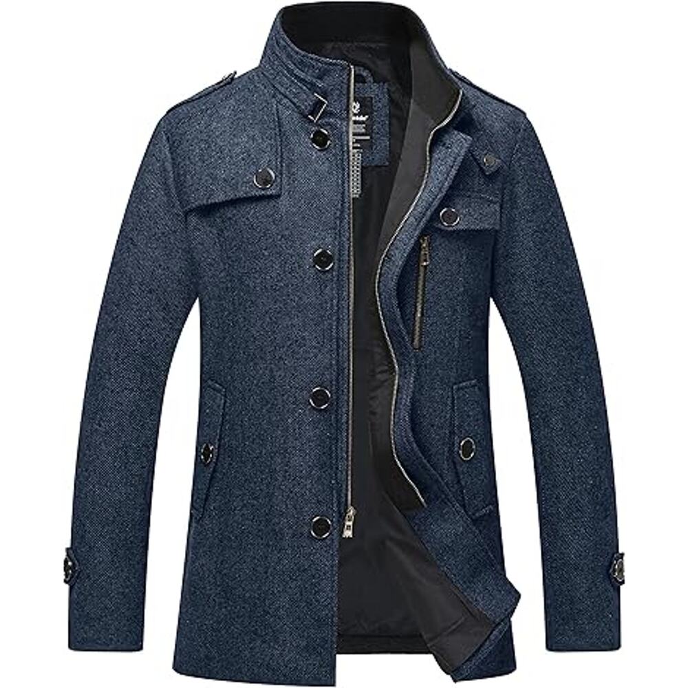 Men's Wool Blend Pea Coat Wool Trench Coat Casual Jacke